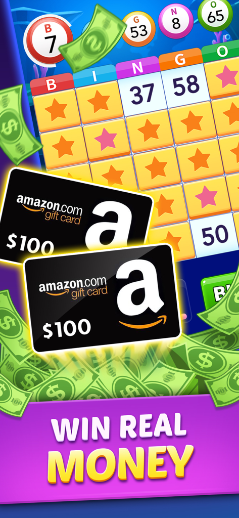 Promotional screenshot of Bingo of Cash showing a bingo card with cash bills and Amazon gift cards