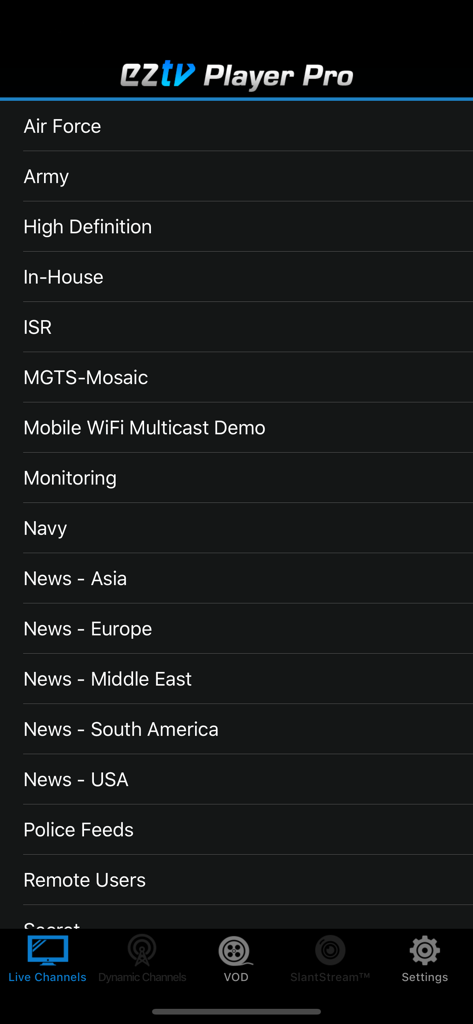 EZ TV Player - EZ TV Player Pro interface displaying a list of live enterprise and government video channels such as Army Navy and Police feeds