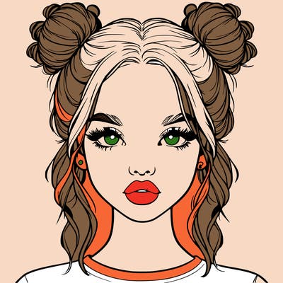 realistic girl with two buns in hair and lips