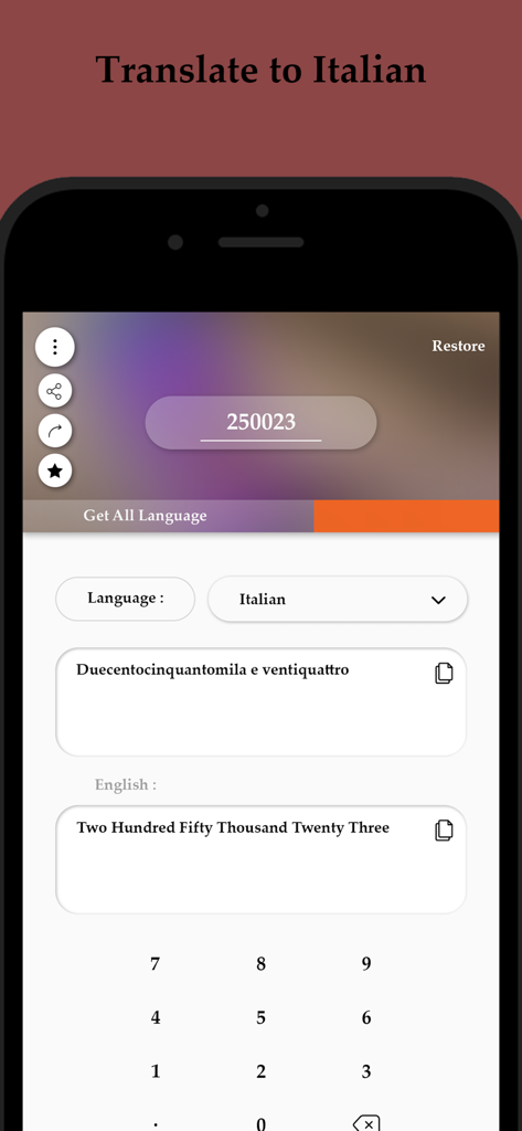 Check Writer : Number to Words - Check Writer app interface translating numbers into Italian and English words.