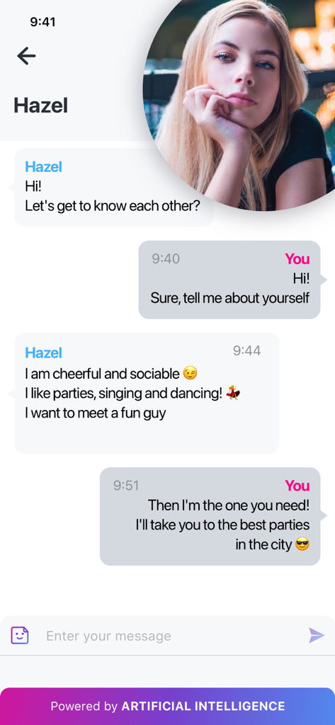 Una conversazione in chat con un personaggio virtuale di nome Hazel nell'app Chatbot AI Ragazza Virtuale.