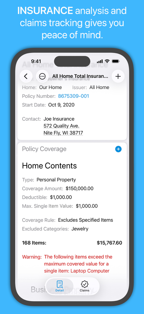 Under My Roof Home Inventory + - Under My Roof app showing home insurance policy details and coverage analysis warning