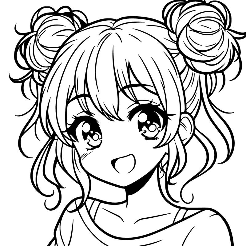 teenage anime petite girl with hair styled into two messy buns catlike eyes and a perpetual smile often accompanied by a sleight blush