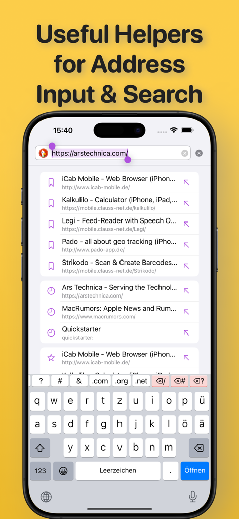 iCab Mobile (Web Browser) - Barra de direcciones de iCab Mobile con sugerencias de búsqueda y teclado personalizado