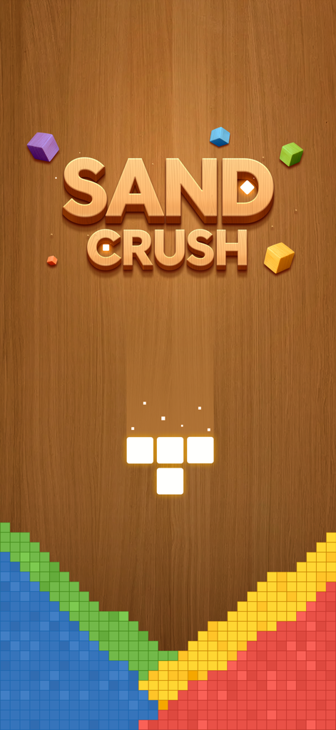 Sand Crush mobile game title screen with wooden background and colorful falling blocks over sand piles