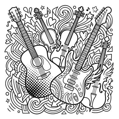 Unleash your inner artist with this dynamic Pop Art string instruments coloring page. Featuring a cool acoustic guitar, a rockin' electric guitar, and elegant violins amidst a vibrant, musical explosion.