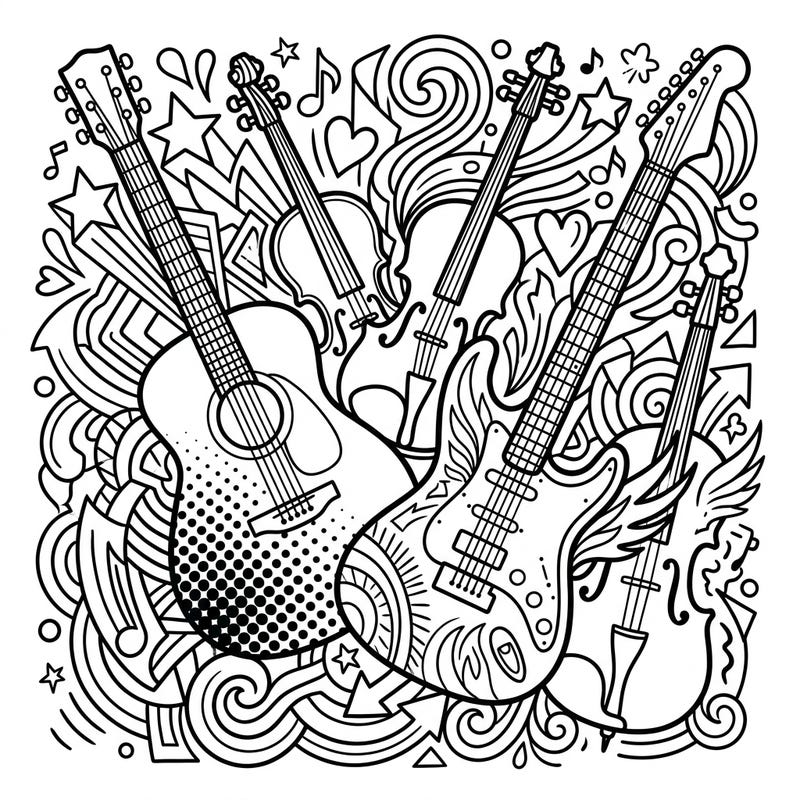Unleash your inner artist with this dynamic Pop Art string instruments coloring page. Featuring a cool acoustic guitar, a rockin' electric guitar, and elegant violins amidst a vibrant, musical explosion.