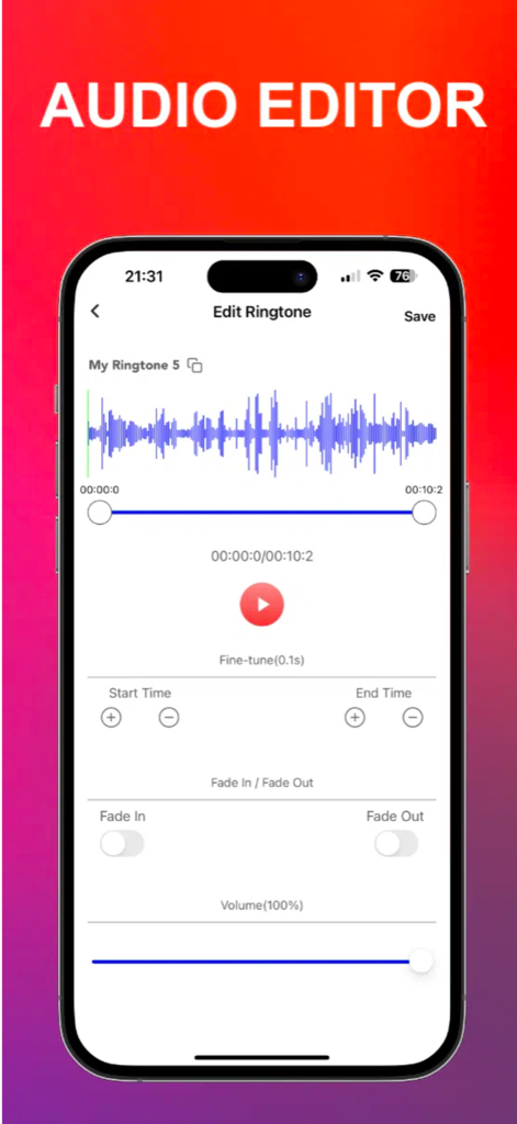 Muse Ringtones - the ring app - Muse Ringtones app audio editor screen showing waveform trimming and fade effects