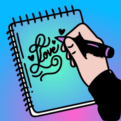a hand writing “love” in calligraphy on a notebook