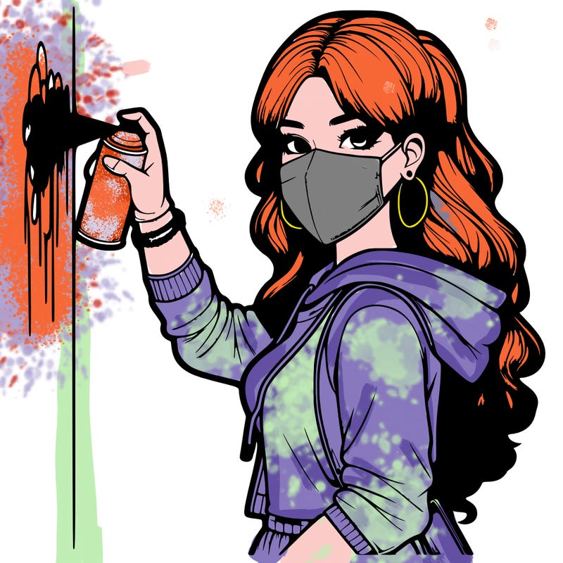 realistic girl with mask spray painting a wall