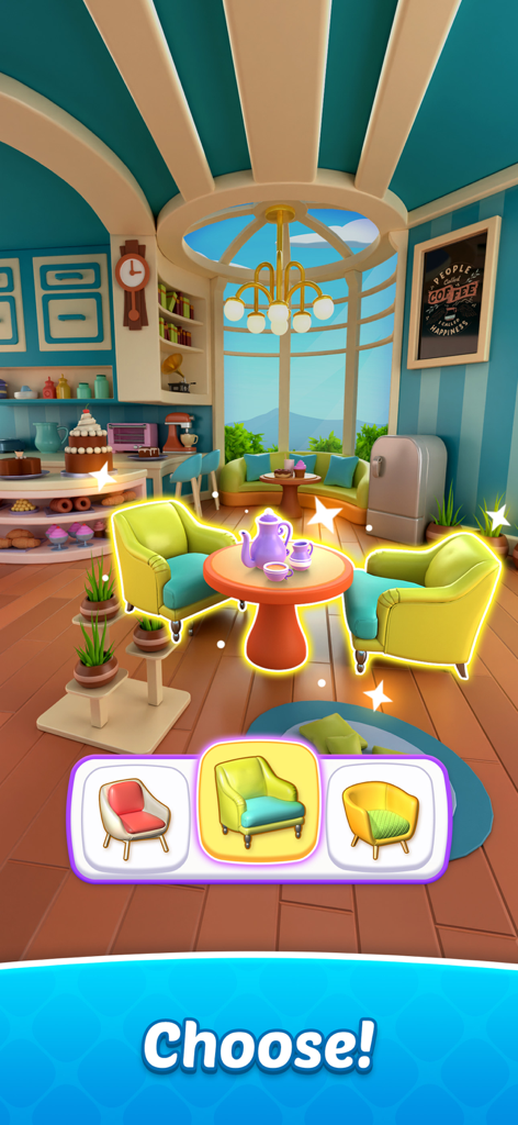 Merge Craze: Merge & Design - A restaurant renovation scene in Merge Craze where the player chooses a chair design for a cafe