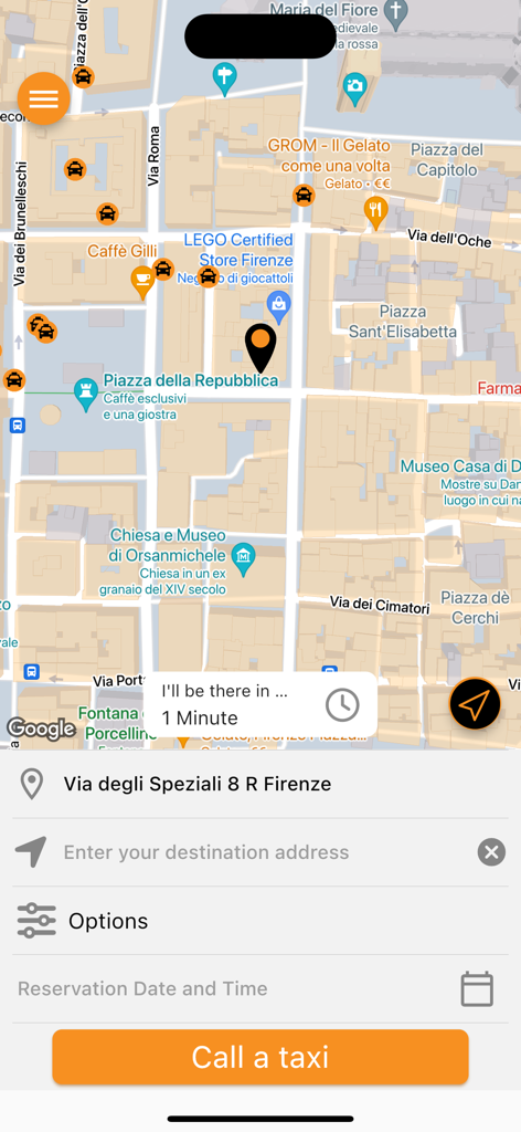 Mapa de la aplicación móvil Taxi Move que muestra ubicaciones de taxis en tiempo real e interfaz de reserva en Florencia, Italia
