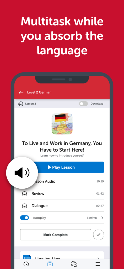 Innovative Language Learning - Smartphone screen showing a German audio lesson in the Innovative Language app highlighting multitasking features