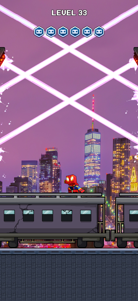 Mr Spider Hero Shooting Puzzle - Un supereroe in pixel art in piedi sopra un treno con uno sfondo di skyline cittadino.