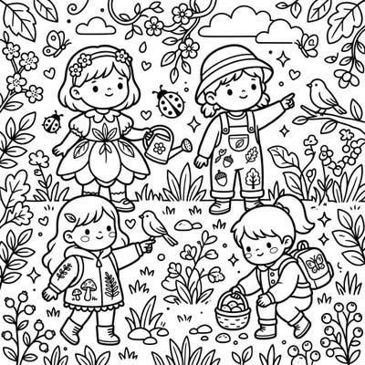 Embark on an enchanting outdoor adventure with this adorable Kawaii coloring page. Featuring sweet children interacting with nature, it's a heartwarming scene ready for your vibrant imagination.