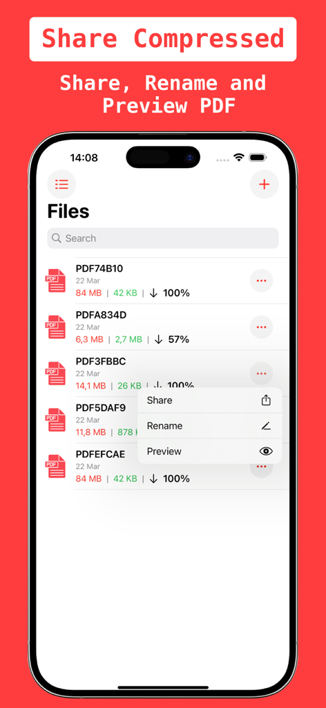 圧縮ファイルの共有とリネームのためのPDF Compressアプリのインターフェース