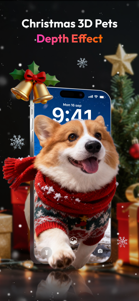 PicMa: AI Photo & Video Editor - Un Corgi con un suéter navideño con un efecto de profundidad 3D en la pantalla de un smartphone