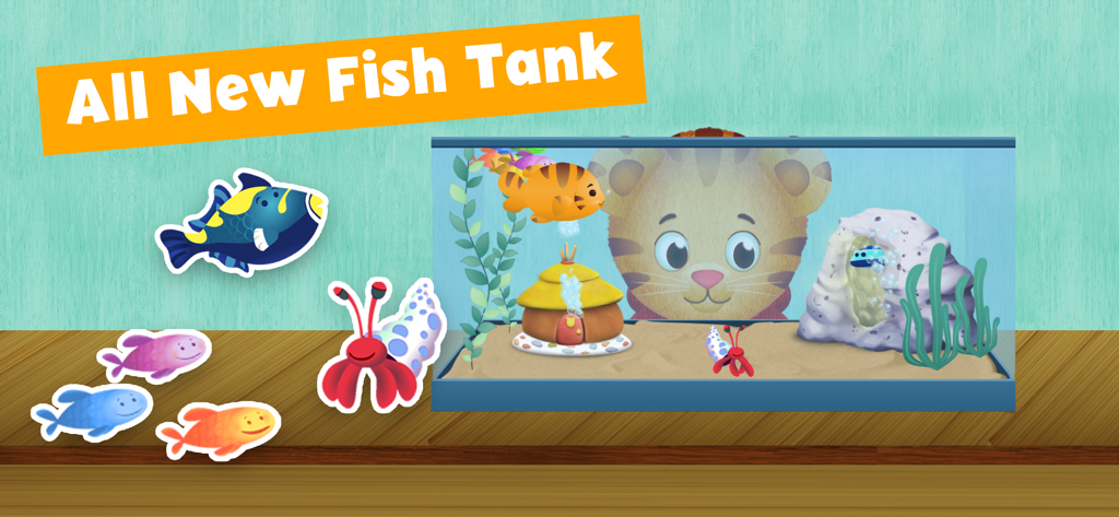 Daniel Tiger’s Play at Home - Daniel Tiger mirando un acuario virtual con peces de colores y pegatinas de cangrejos ermitaños