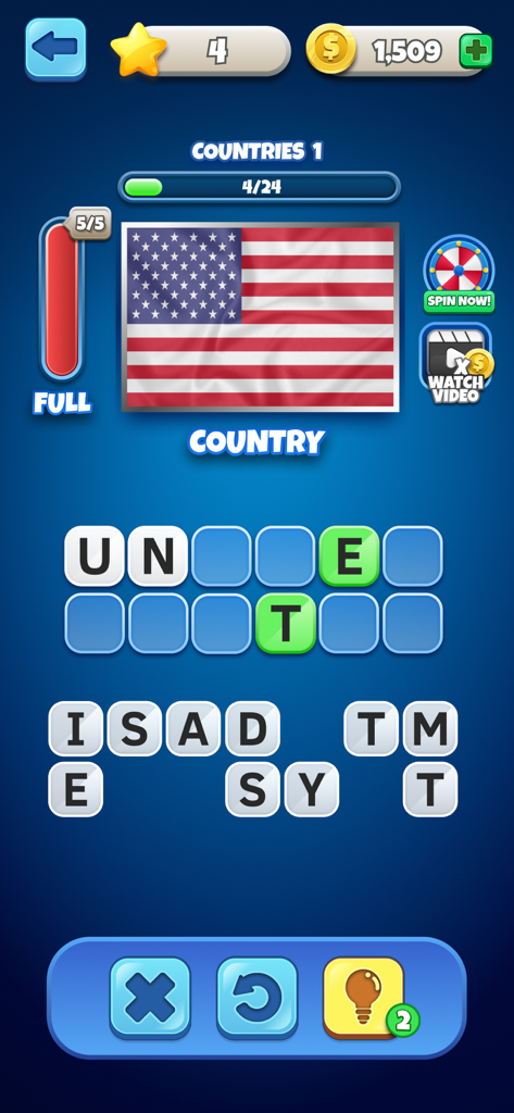 Flag Quiz - Guess All Flags - Écran de jeu Quiz des Drapeaux montrant le drapeau des États-Unis et un puzzle de lettres pour deviner le nom du pays.