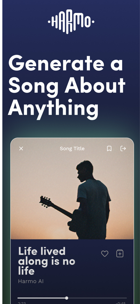 Interfaz de la aplicación móvil Harmo AI con el titular Genera una Canción Sobre Cualquier Cosa y una vista de reproductor de música