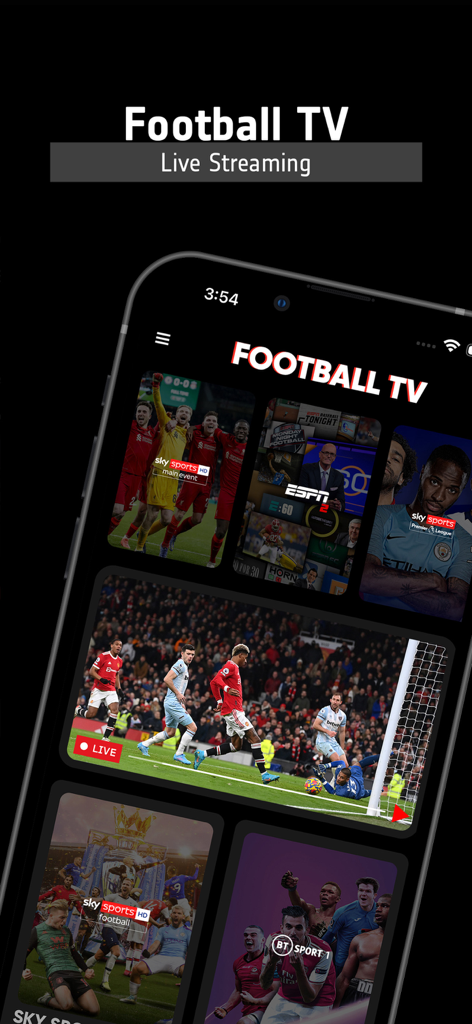 iPhone screen displaying the Football TV app interface with live soccer matches and sports channels
