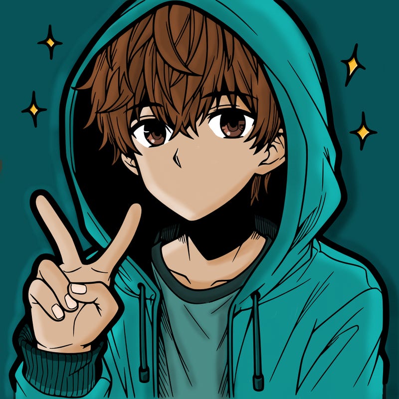 teenage manga boy in a hoodie, doing ✌