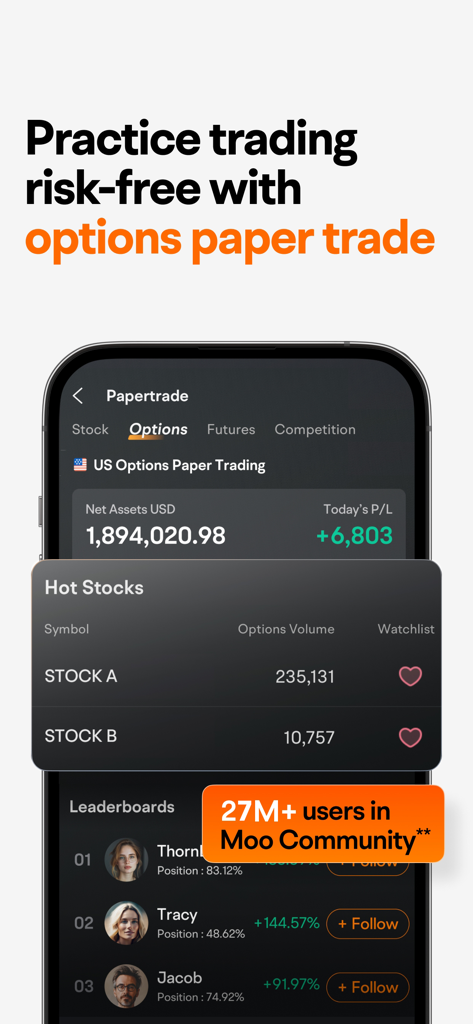 Interface of the moomoo app showcasing options paper trading, hot stocks, and community leaderboards.