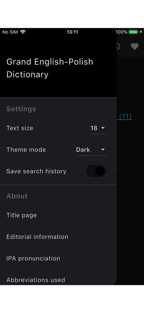 Settings menu of the Grand English-Polish Dictionary app showing text size and theme mode options.