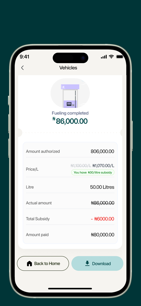 FuelSubsidy - FuelSubsidy app screen showing a detailed fueling transaction summary with subsidy discounts applied
