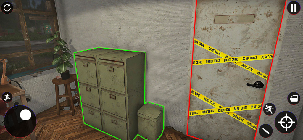 Police Patrol Officer Games 3D - Un oficial de policía investigando una habitación con cinta amarilla de escena del crimen en una puerta en un juego de simulación 3D