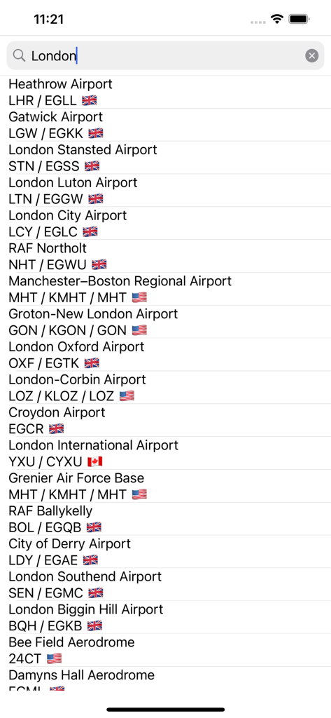 Airport ID - List of London airports with IATA and ICAO codes in the Airport ID app