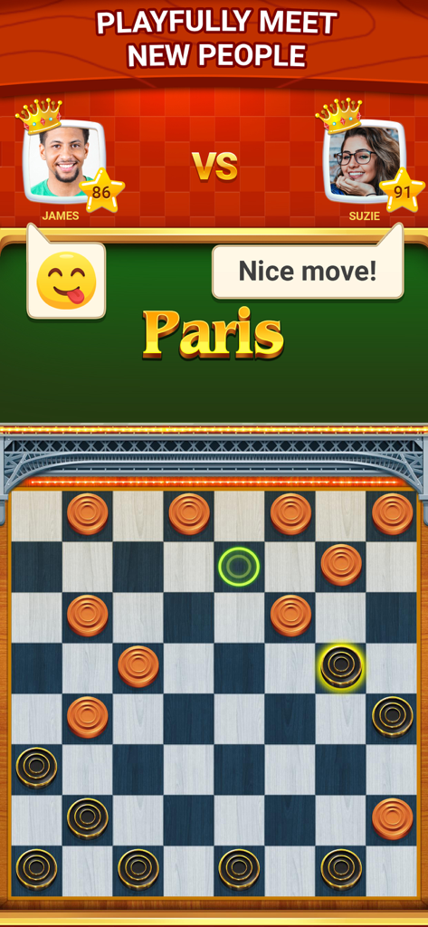 Online 1v1 checkers match in the Paris arena with player avatars and social chat bubbles.