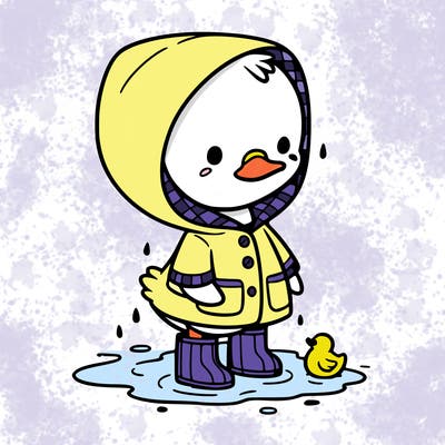 baby duck in a rain coat and boots, in a puddle while it’s raining