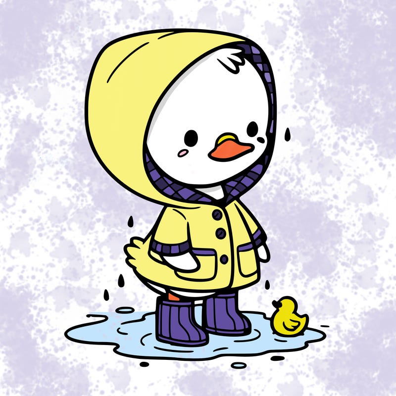 baby duck in a rain coat and boots, in a puddle while it’s raining
