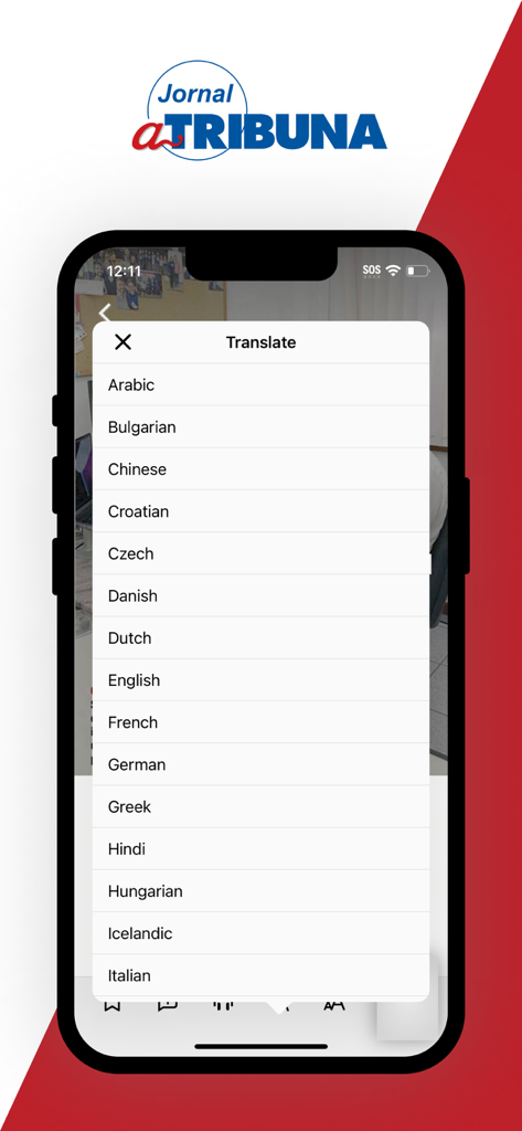 Menú de traducción de la aplicación A Tribuna Digital que muestra varias opciones de idioma