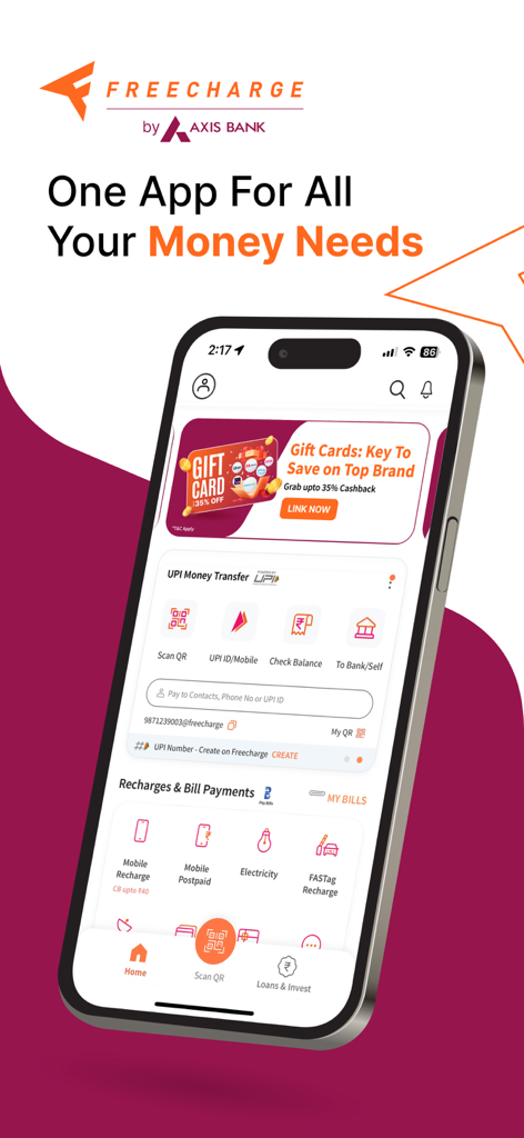 Freecharge mobile app dashboard showing UPI money transfer and bill payment options