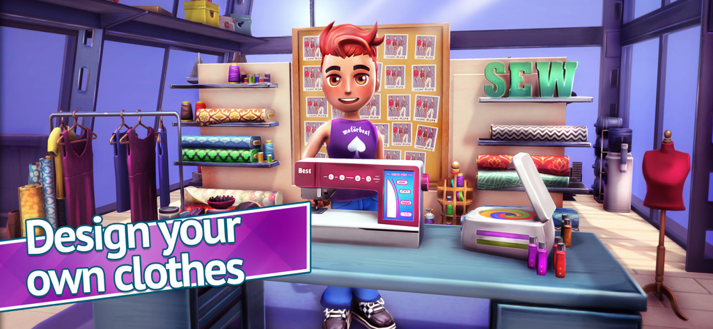 Youtubers Life: Gaming Channel - A character in a fashion studio using a sewing machine to design custom clothes