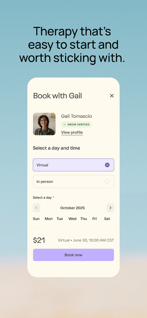 Grow Therapy - Grow Therapyアプリのインターフェース。セラピストのプロフィールと、明確な価格設定でのバーチャルまたは対面セッションの予約オプションを表示。