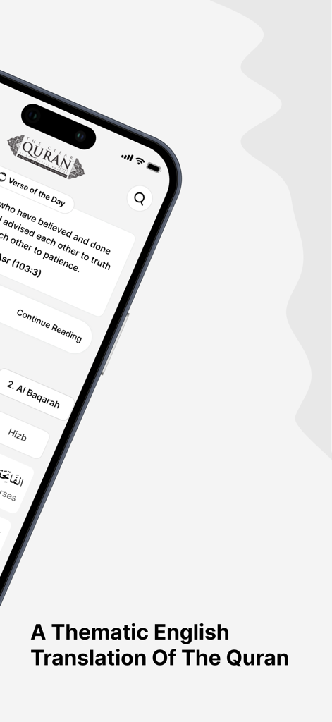 The Clear Quran® - Teléfono inteligente mostrando la aplicación El Corán Claro con traducción temática al inglés y verso del día.