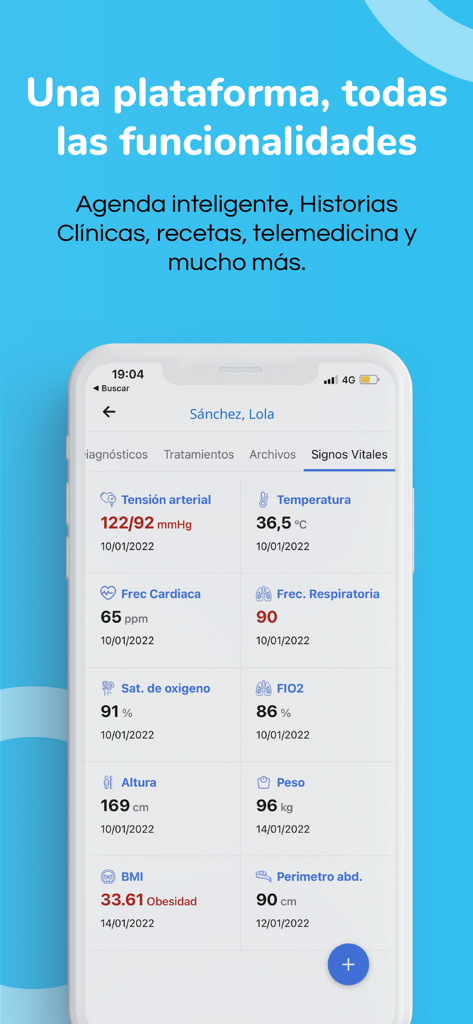 DrApp Pro - Panel de control de DrApp Pro que muestra signos vitales del paciente, incluyendo frecuencia cardíaca y presión arterial