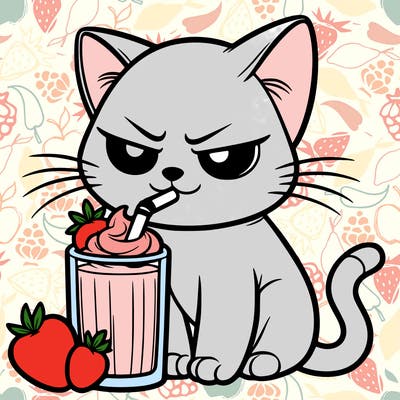 realistic mean kitty drinking a strawberry and mango smoothie