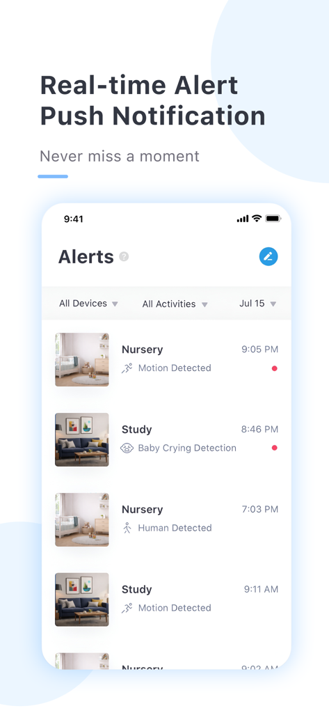 Une interface mobile pour l'application Yi iot plus montrant une liste de notifications de sécurité, y compris la détection de mouvement et les alertes de pleurs de bébé