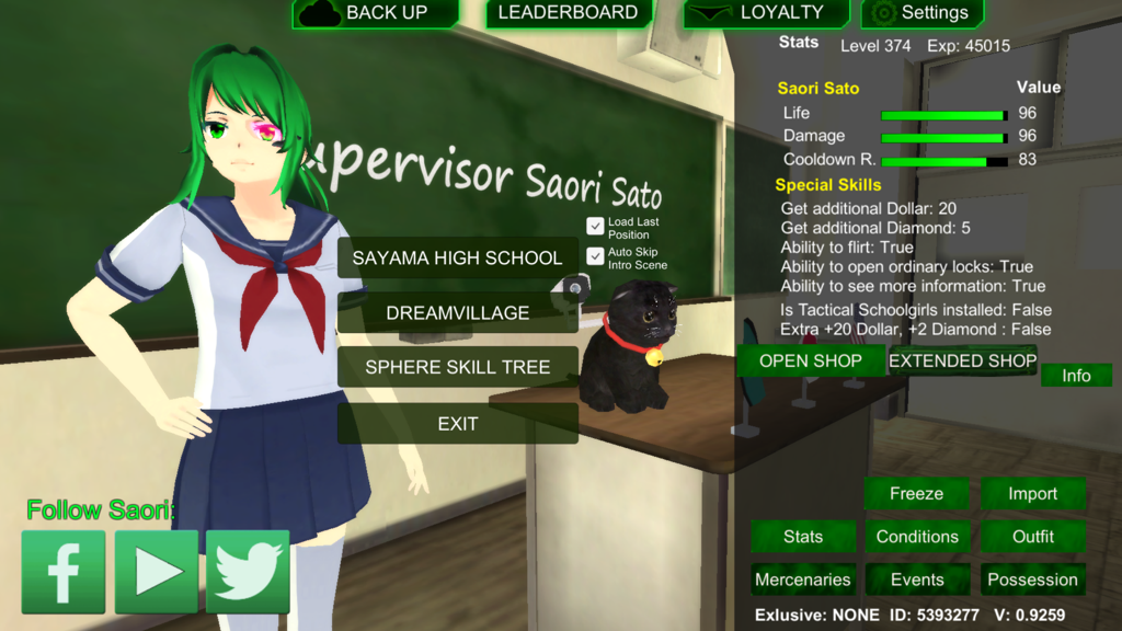 Schoolgirl Supervisor - Saori Sato - Wildlife - ゲーム「スクールガール・スーパーバイザー」のメインメニュー。キャラクターのサオリ・サトウと彼女のステータス、スキルツリーのオプションが表示されています。
