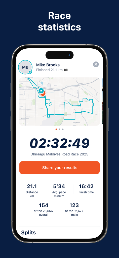 DMRR app interface showing half marathon race statistics including time and route map.