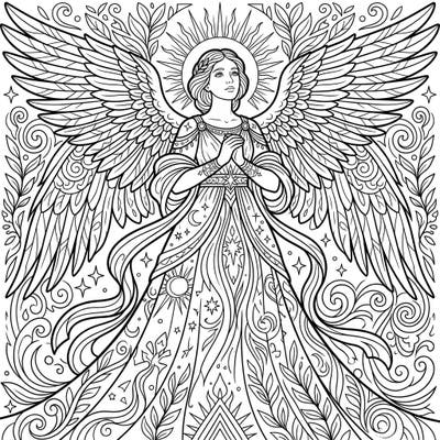 Unleash your creativity with this magnificent Virtues Angel coloring page, designed to inspire peace and grace. This intricate illustration invites you to add your unique palette to an ethereal figure surrounded by celestial motifs.