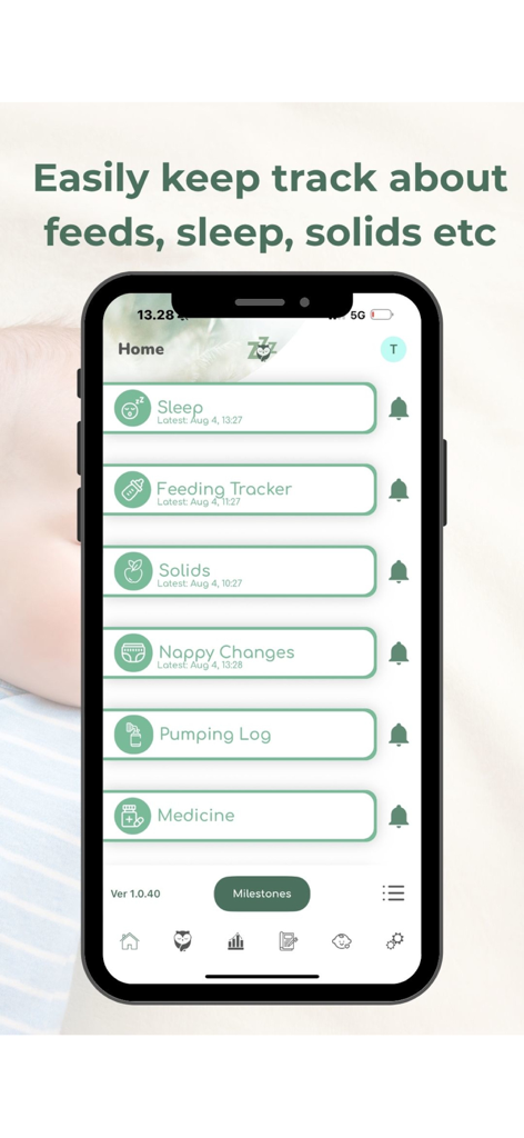 iZzzleep – Baby Sleep Coach - Home screen of the iZzzleep app featuring baby trackers for sleep feeding and nappy changes