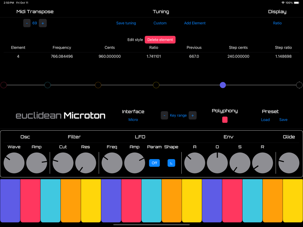 Interfaz de la aplicación Microton que presenta un editor de afinación personalizado y un teclado microtonal colorido