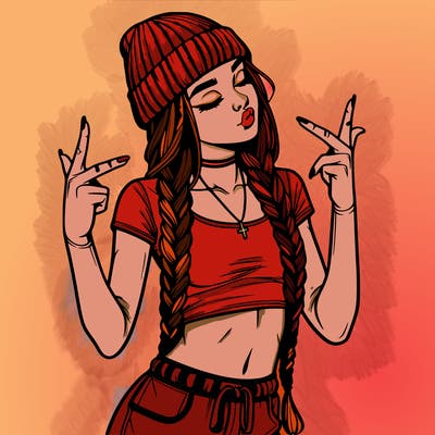 realistic teenage girl with braids and a beanie and crop top doing 🫶🏼
