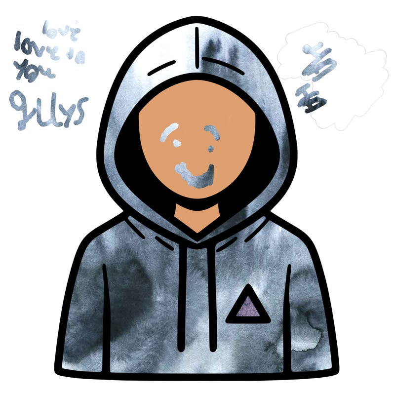 a person with non face waering a hoodie with a small triangle symbol