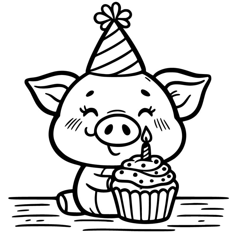 a pig with a birthday hat and cupcake